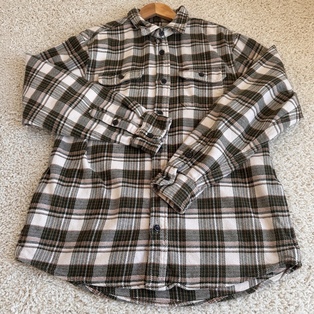 Orvis Plaid Flannel Button Down Shirt Mens Large Green Cream Excellent Cotton